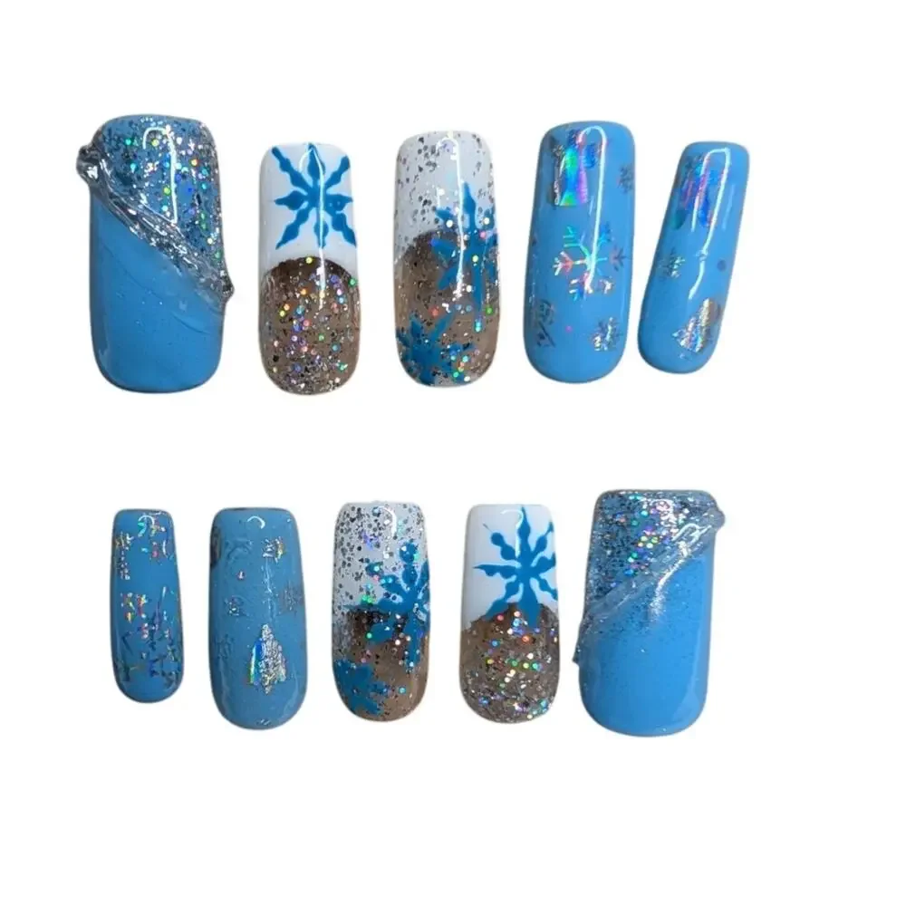 Handmade Winter Snowflake Frenchie Blue‎ White & Silver Glitter Press On Nails - Picture 3 of 3
